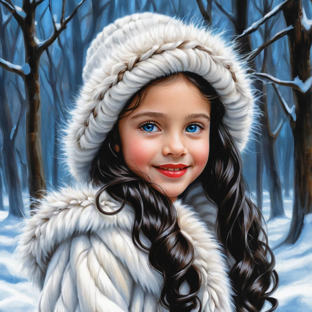 Smiling winter girl in white fur coat and hat