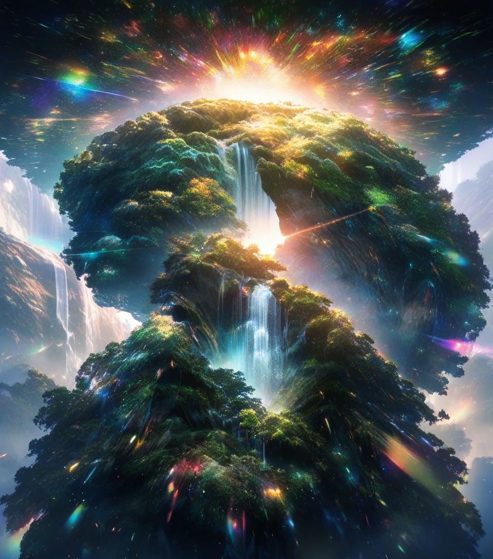 Surreal Waterfall Rising Into The Sky Over Forest Lake