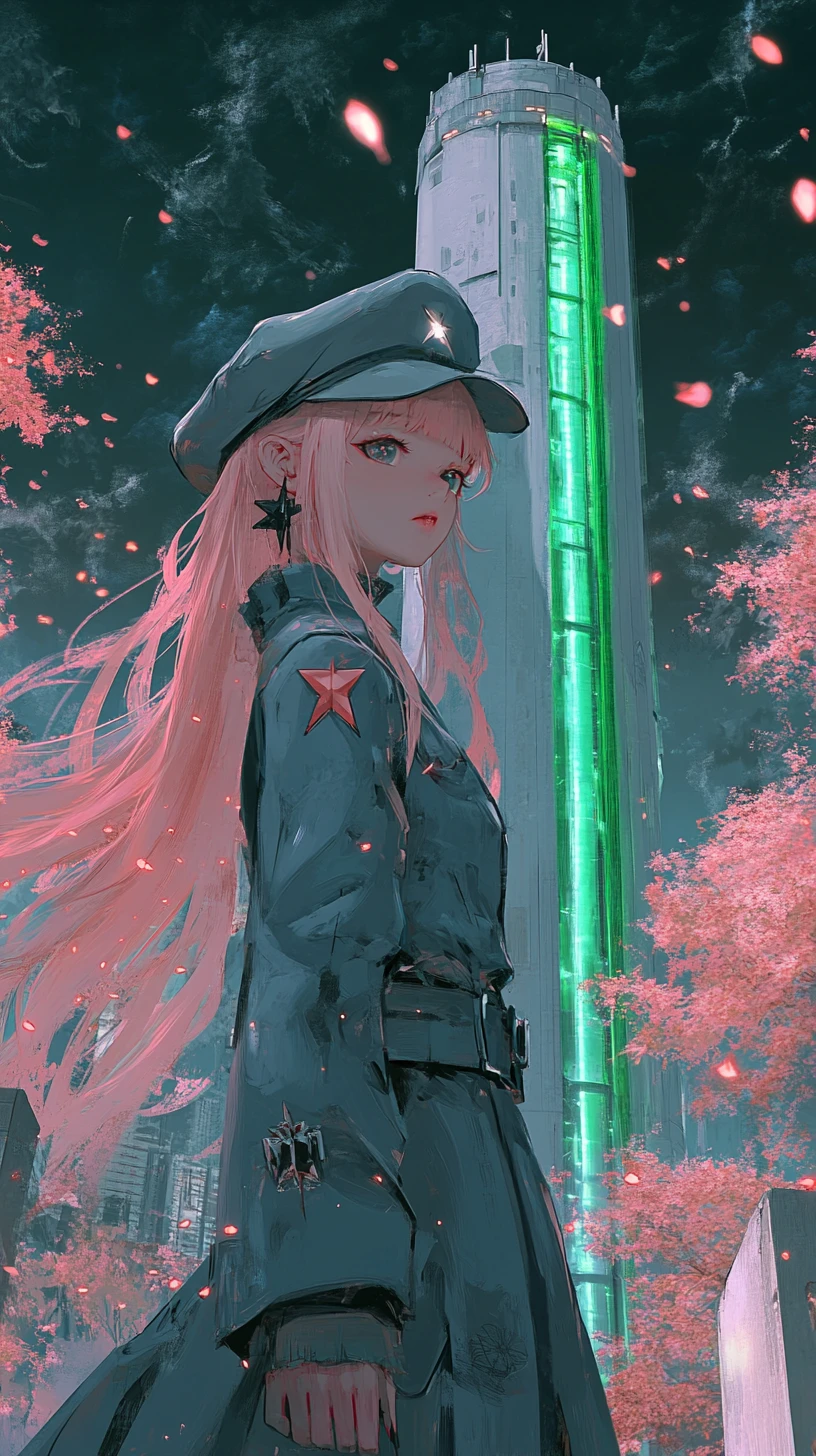 Anime girl before neon lit concrete tower in storm