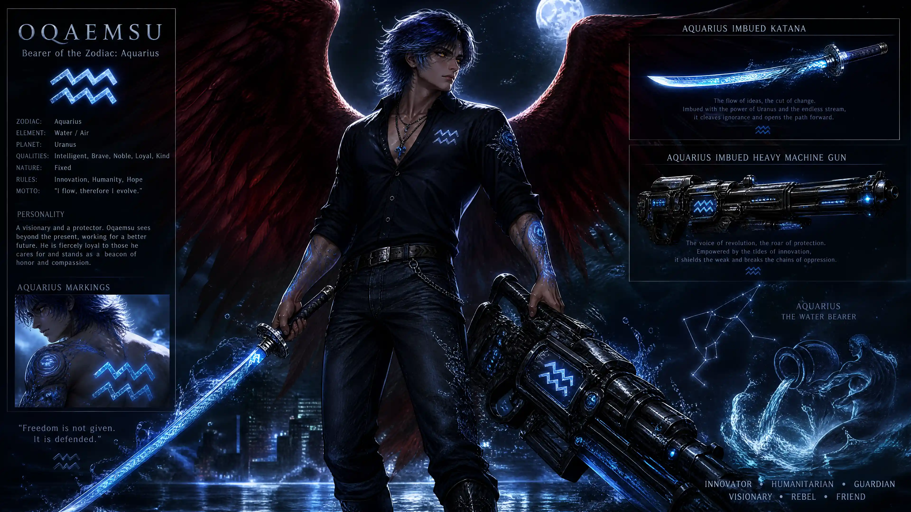 Aquarius warrior man with dark red falcon wings