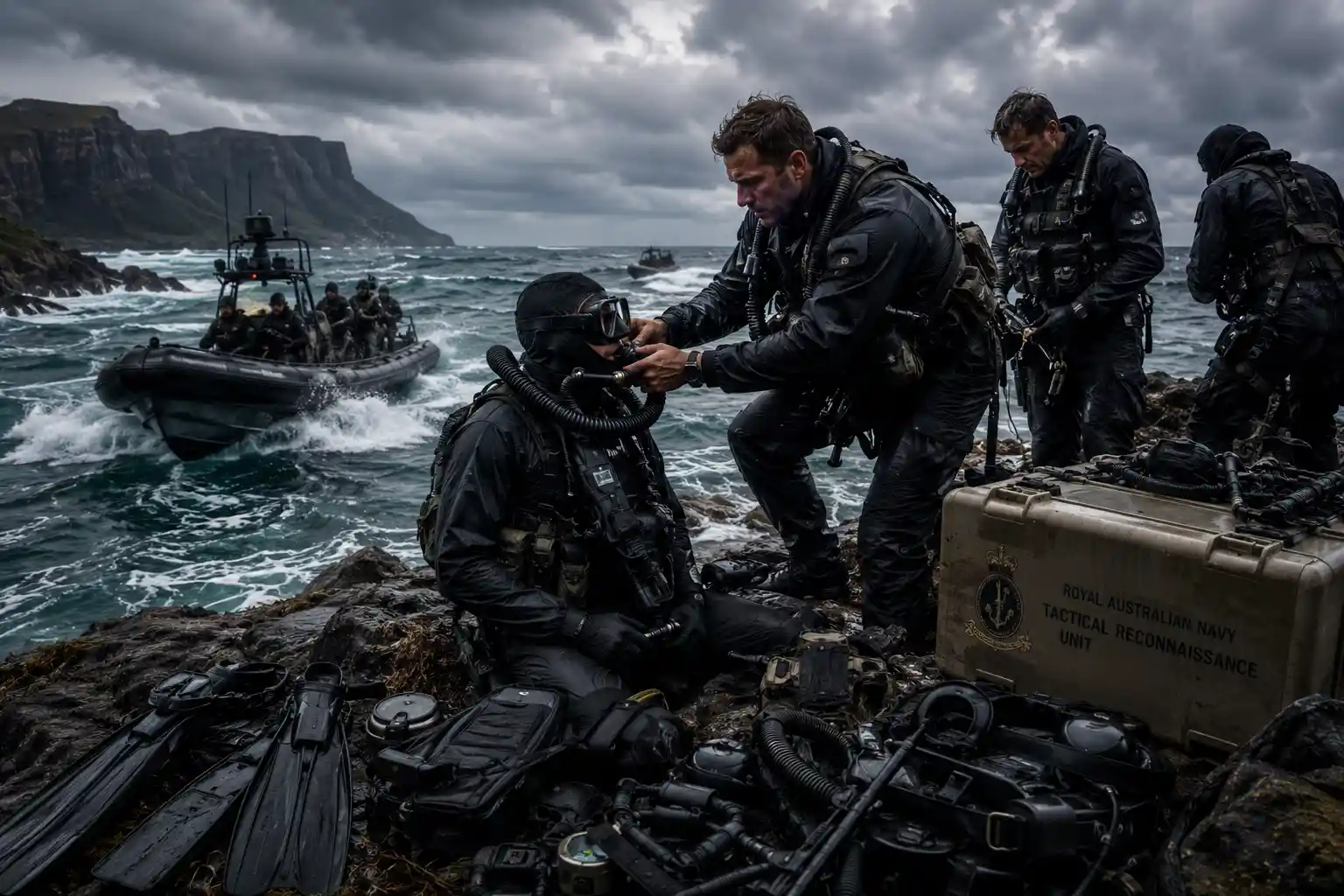 Royal Australian Navy divers training in rough Tasmanian Sea waves