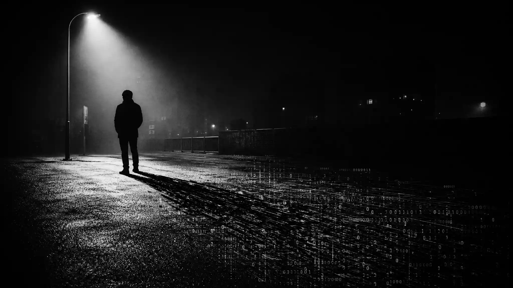 Silhouetted figure under a lone streetlamp at night