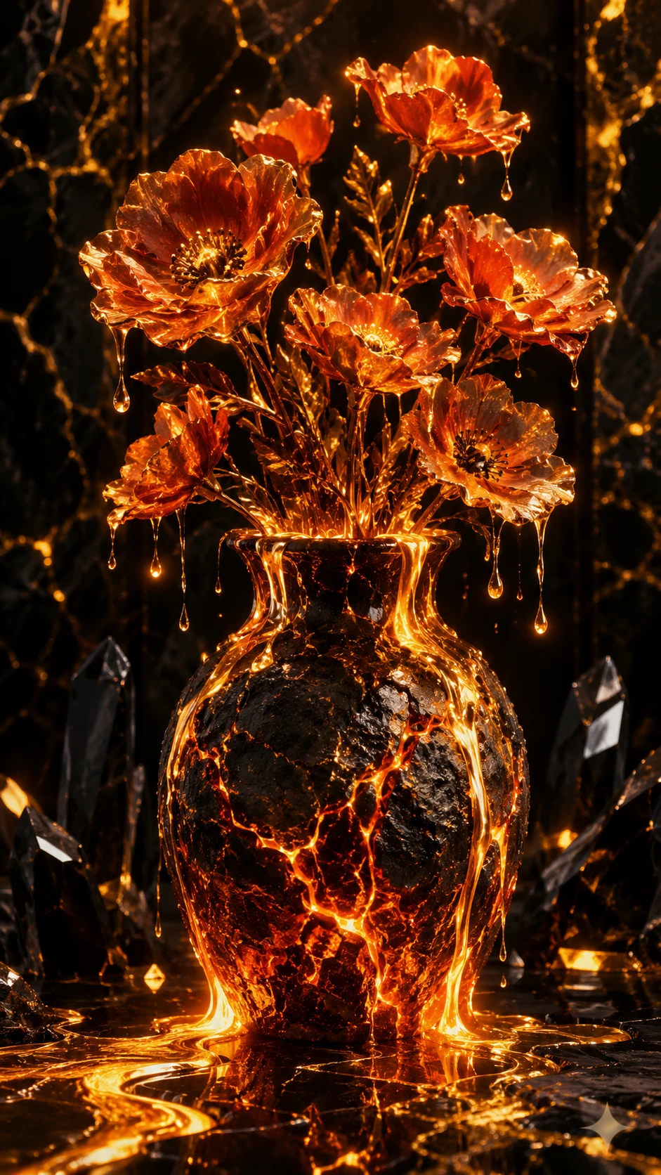 Molten stone vase with glowing lava veins and poppy flowers