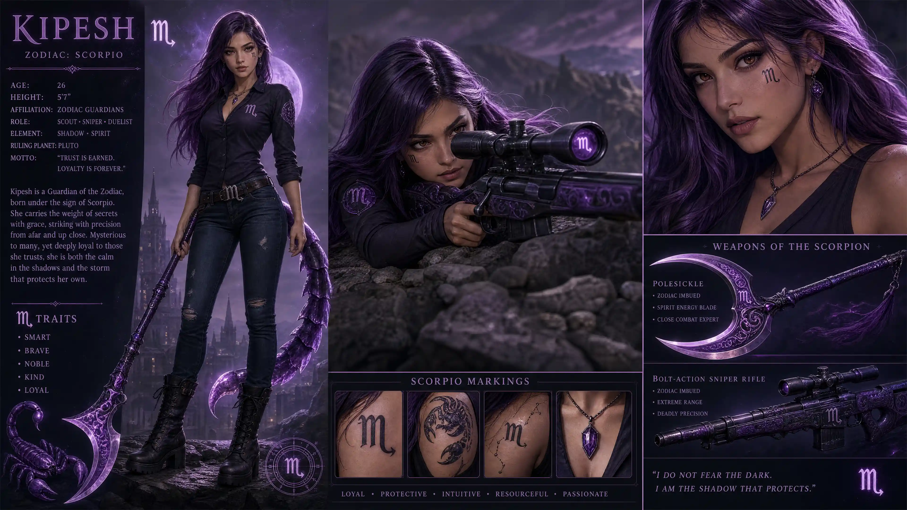 Brave scorpion tailed woman with purple hair and rifle