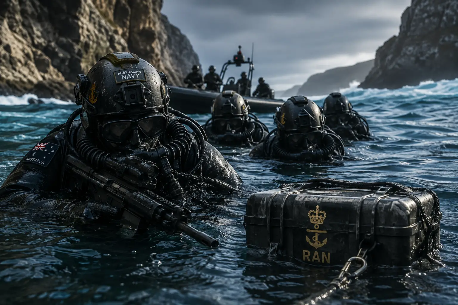 Sub militari in addestramento nelle acque agitate del Mar di Tasmania
