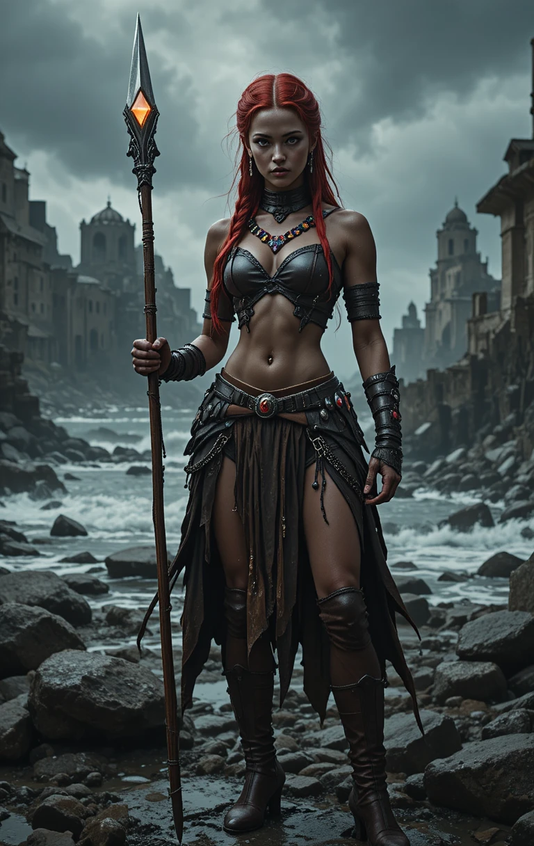 Red haired warrior woman with spear on stormy coast