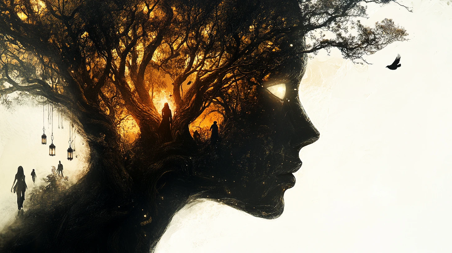 Human silhouette filled with an enchanted forest spirit scene