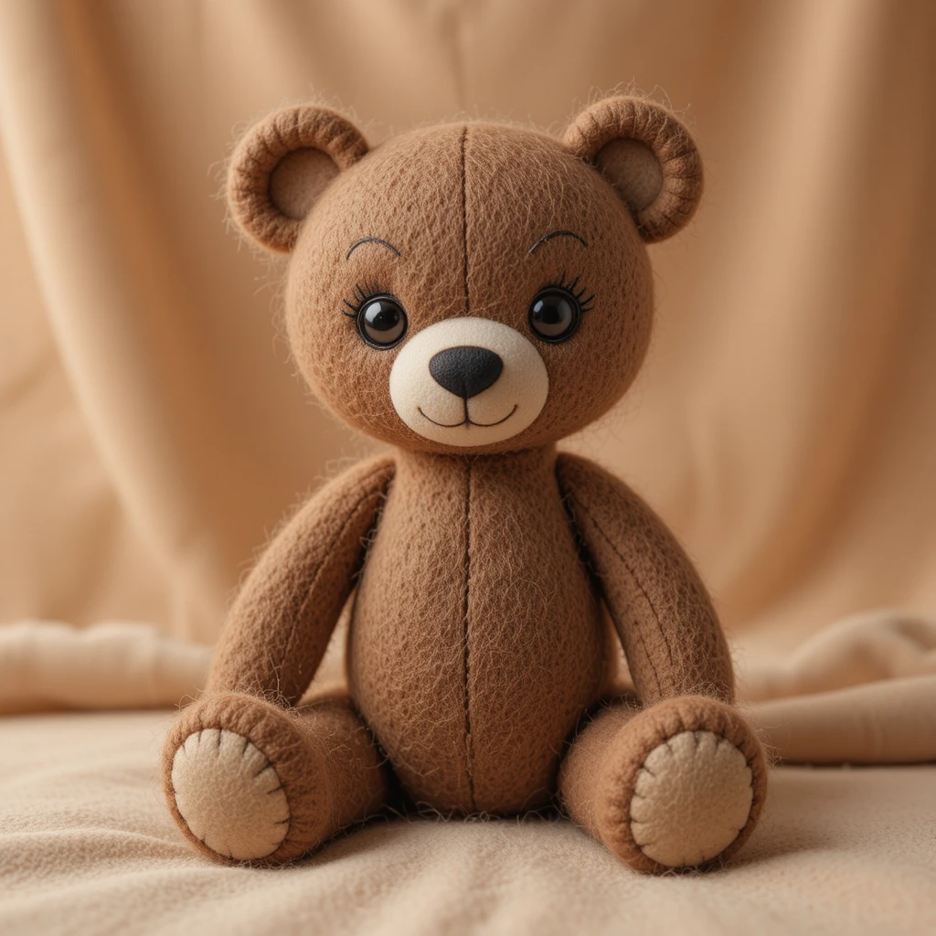 Cute felt teddy bear on soft pastel fabric background