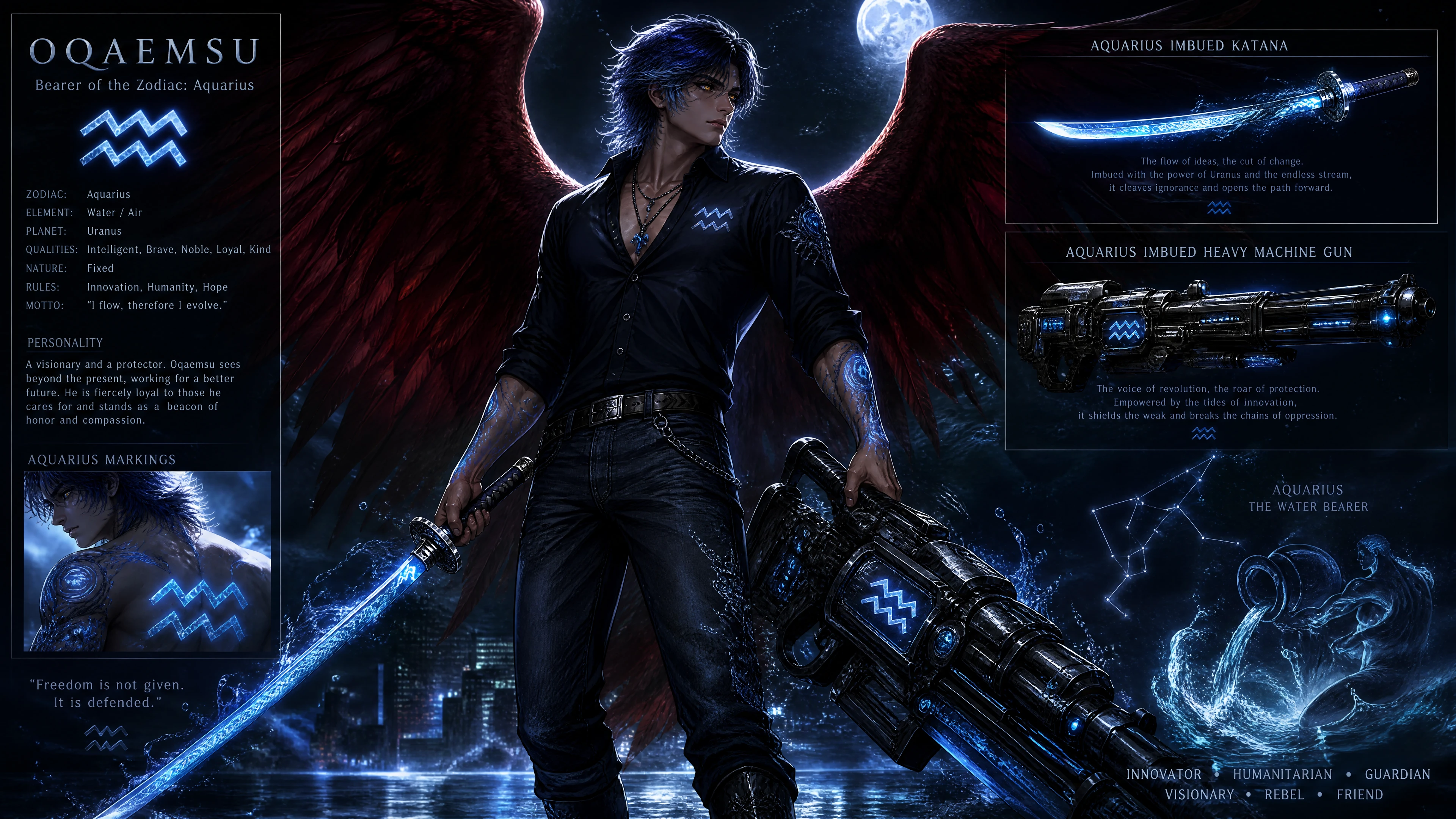 Aquarius warrior man with dark red falcon wings