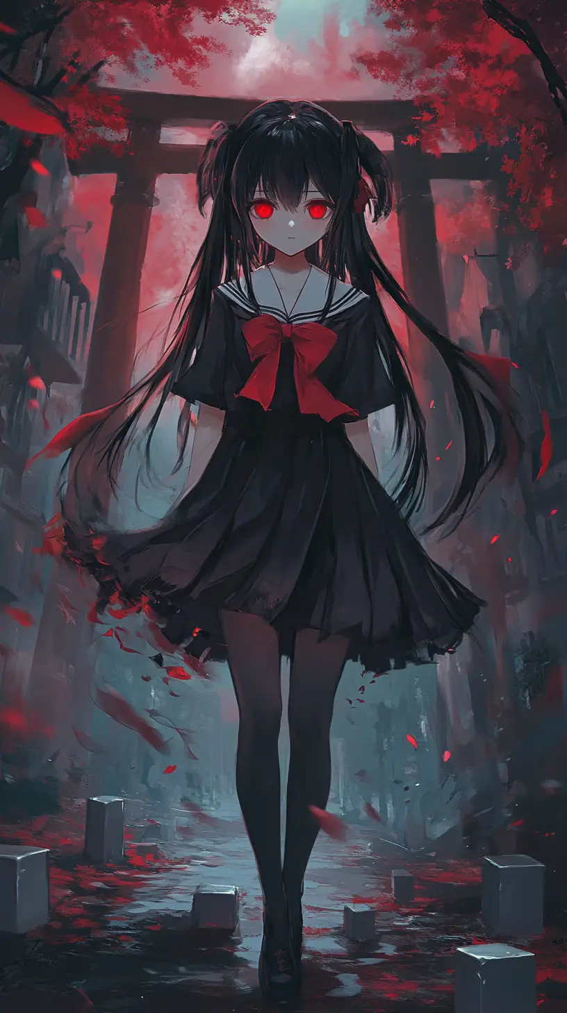 Anime girl with red eyes in dark halloween outfit