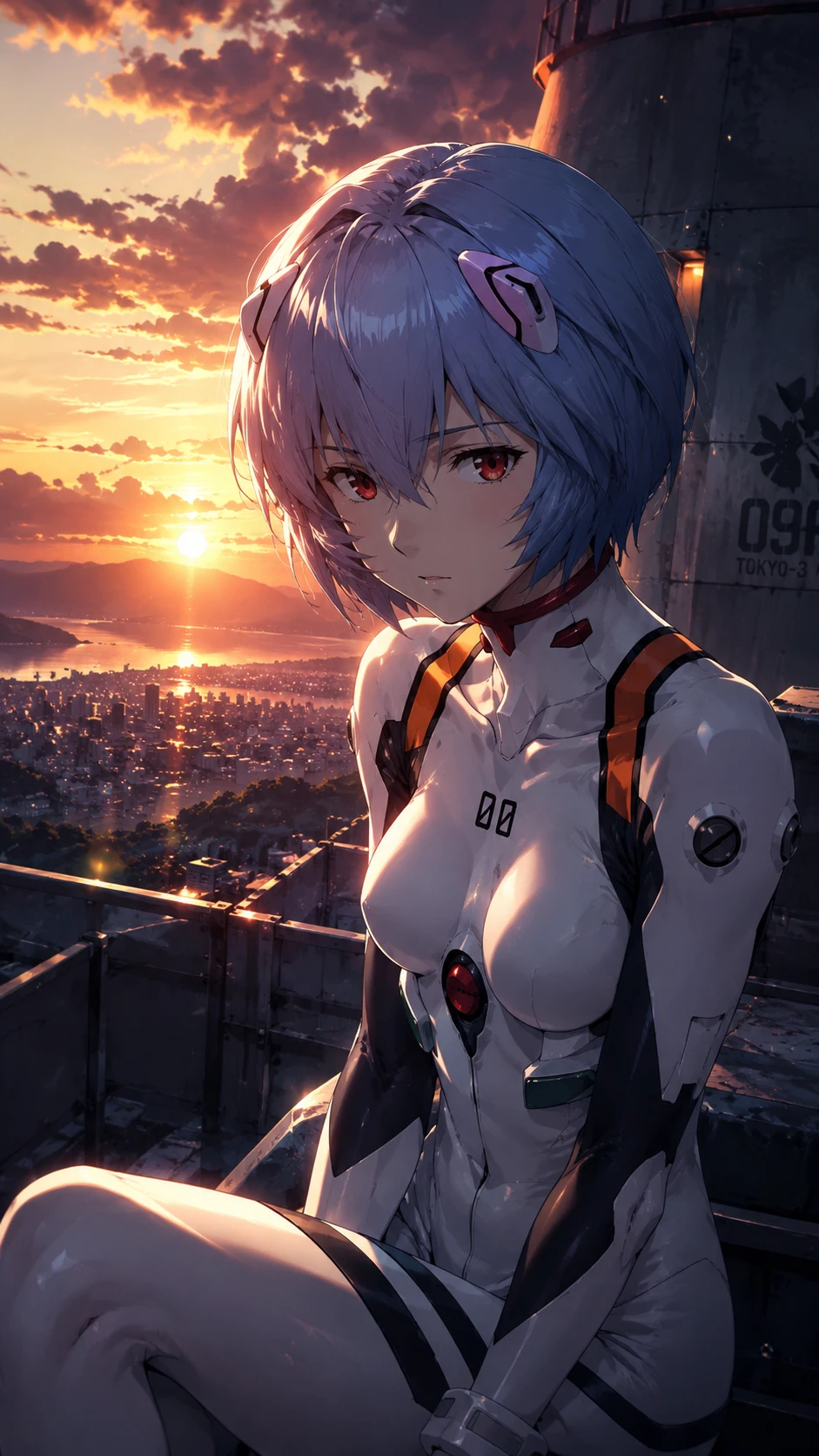 Anime girl standing against a glowing sunset sky