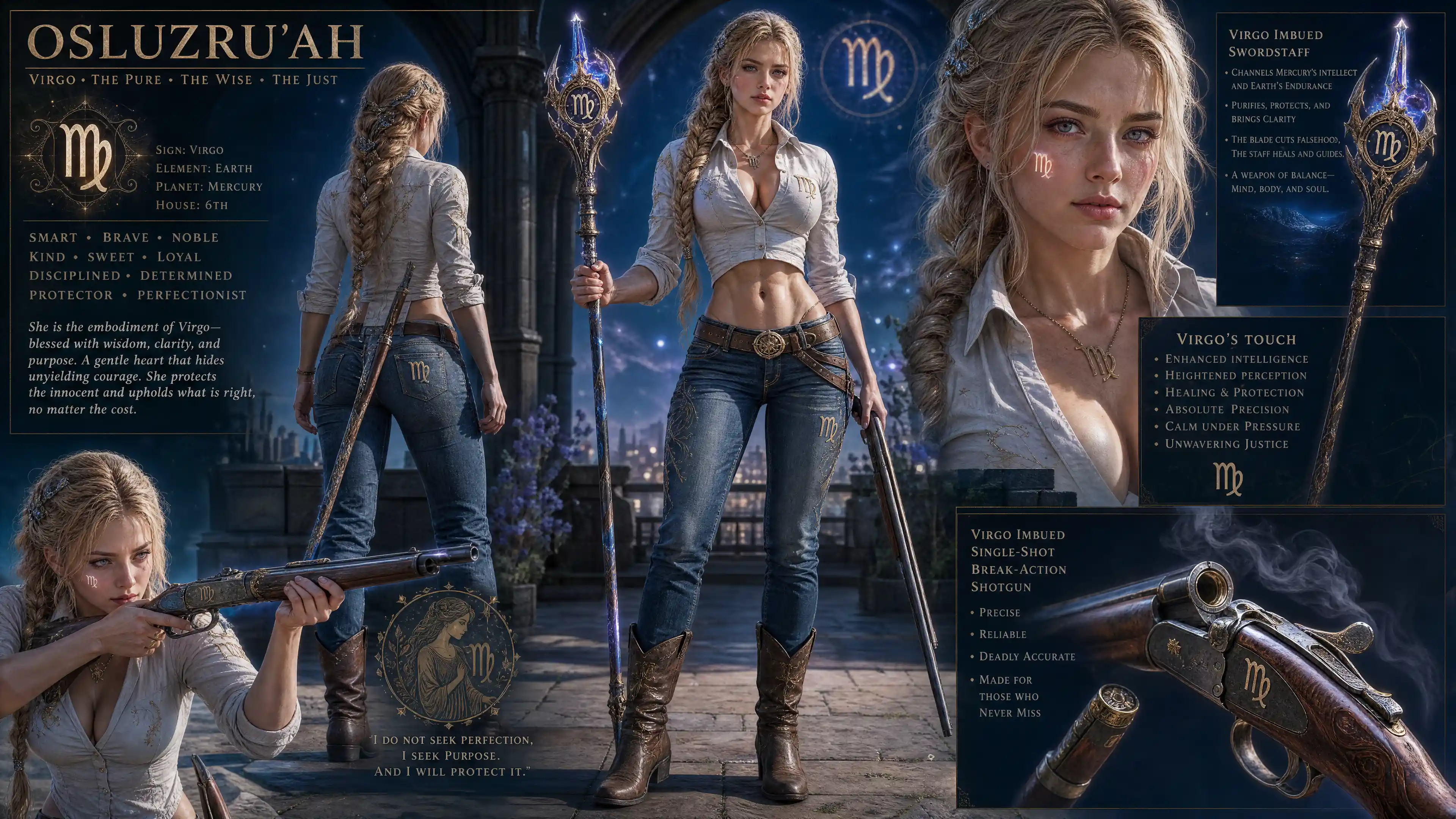 Blonde warrior woman with virgo markings and swordstaff