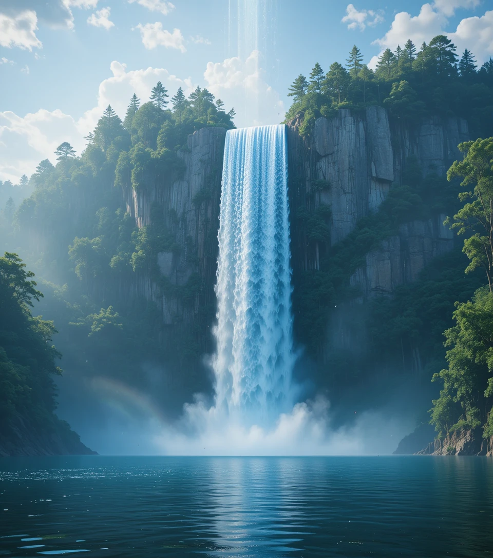 Surreal waterfall rising into the sky above a forest lake