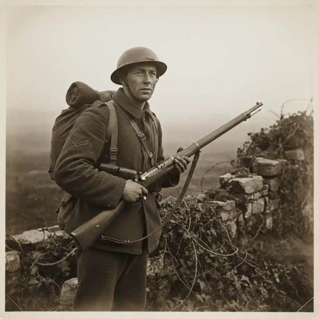 Weary early twentieth century soldier in rural ruins