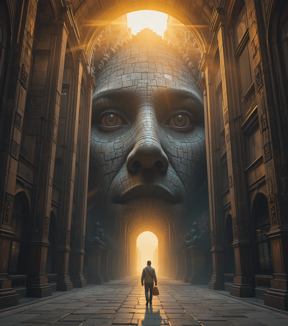 Ancient Stone Face Illusion In Grand Cathedral Corridor