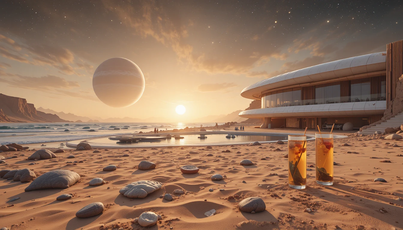 Futuristic villa overlooking an alien beach at sunset