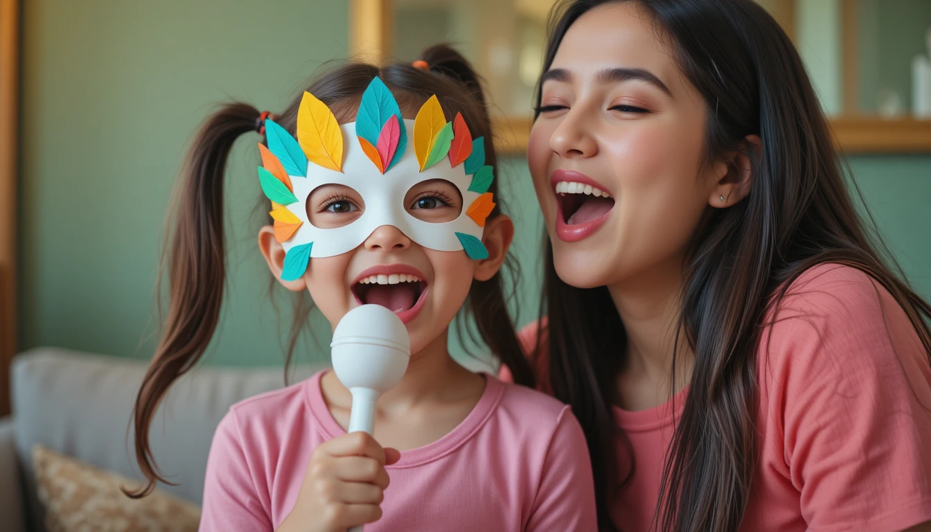Joyful mother and daughter singing together at home