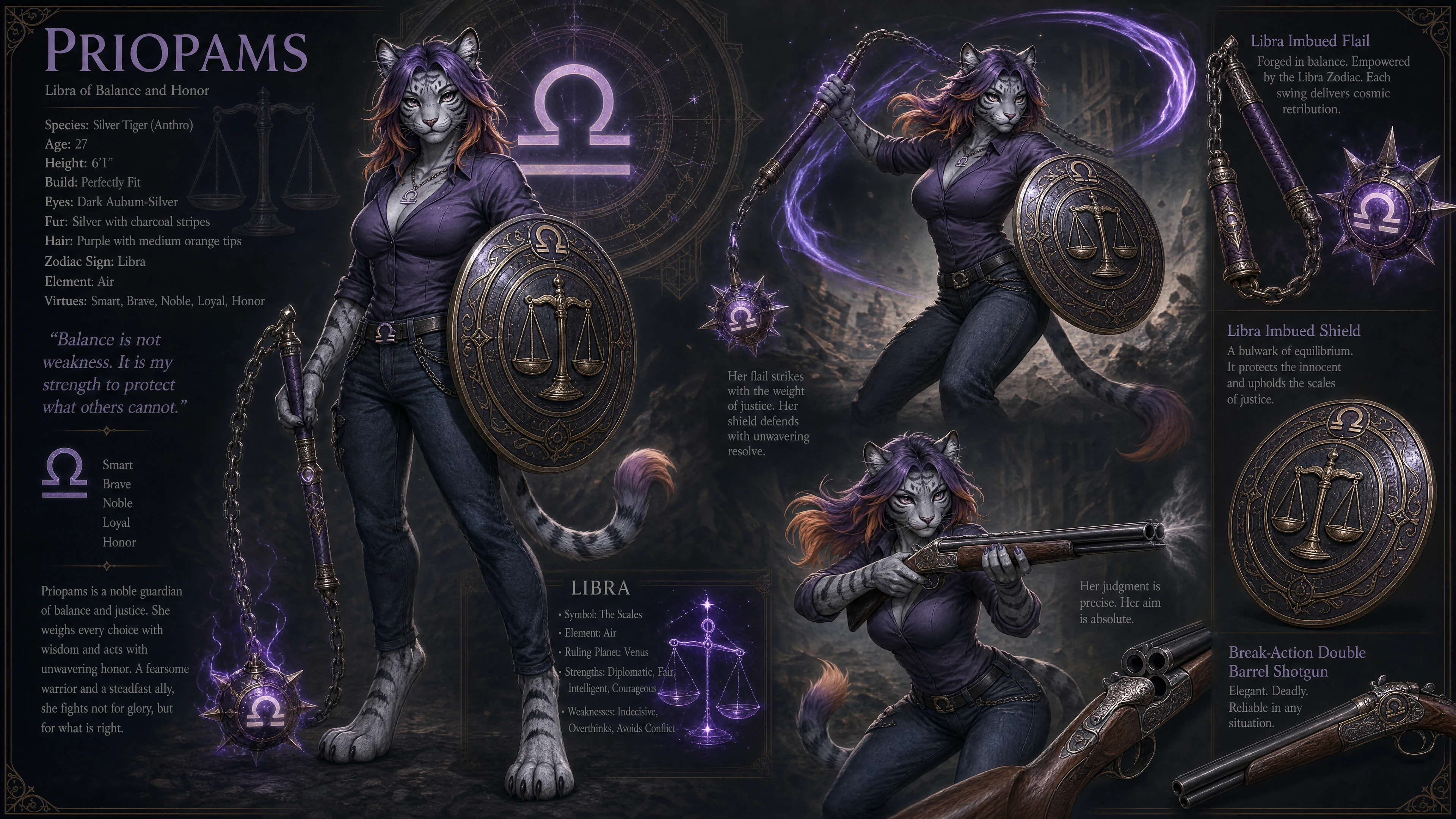 Anthro silver tiger woman with libra flail and shield