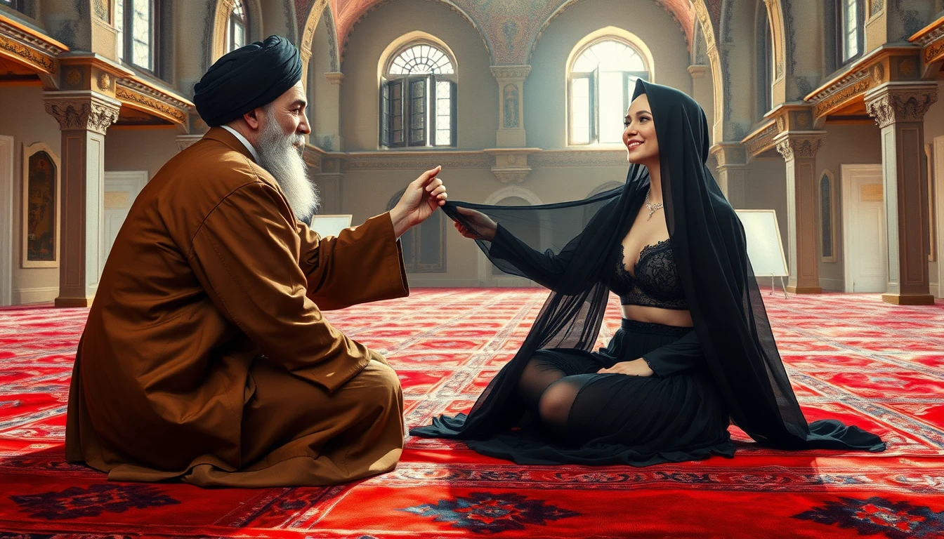 Oil painting of a woman and cleric inside a mosque