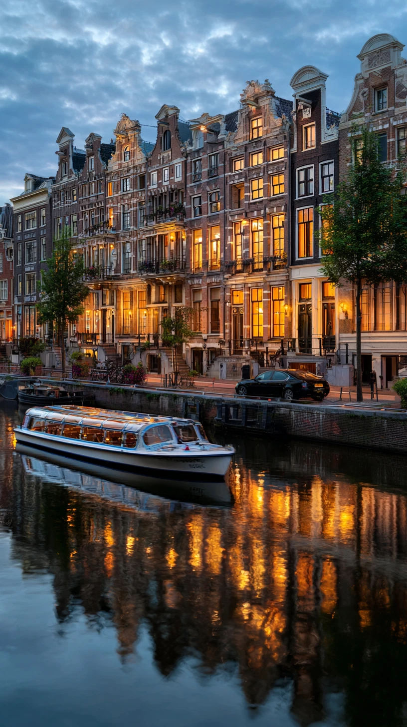 Twilight canal houses reflected in calm city waterway