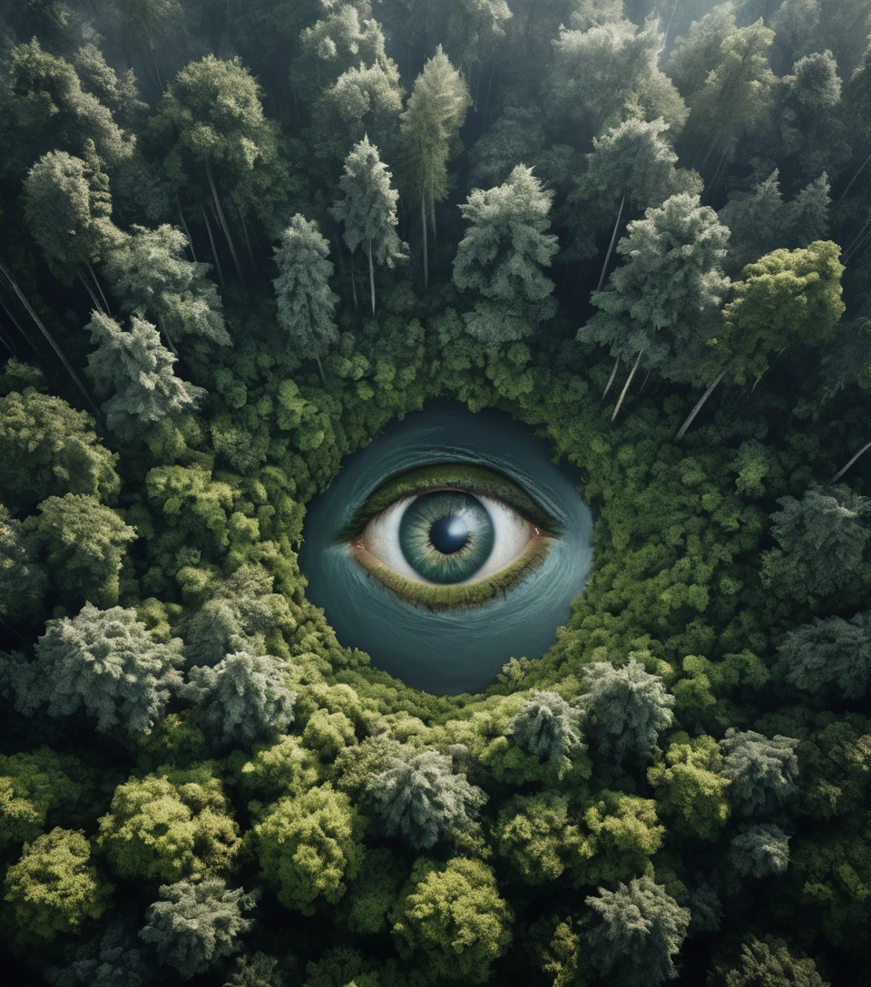 Aerial view of forest and river forming a giant eye