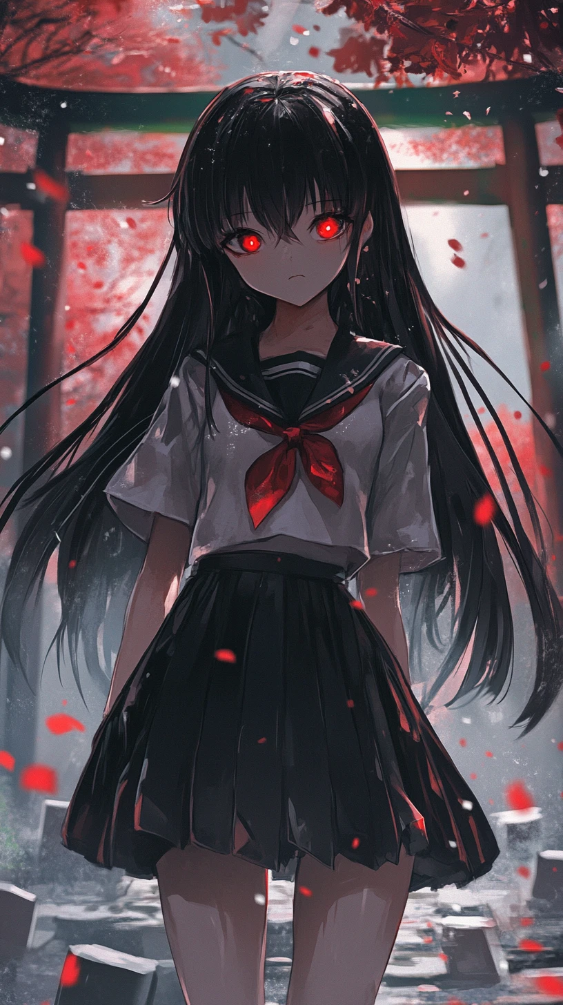 Sad anime girl with red eyes in a long dark outfit