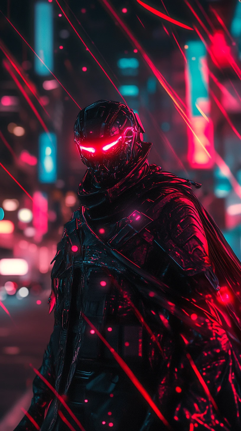 Cyber revenant woman with glowing eyes in neon city