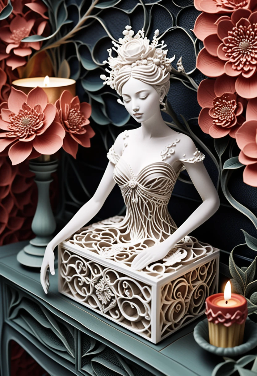 Porcelain sculpture on vanity table with glowing candle