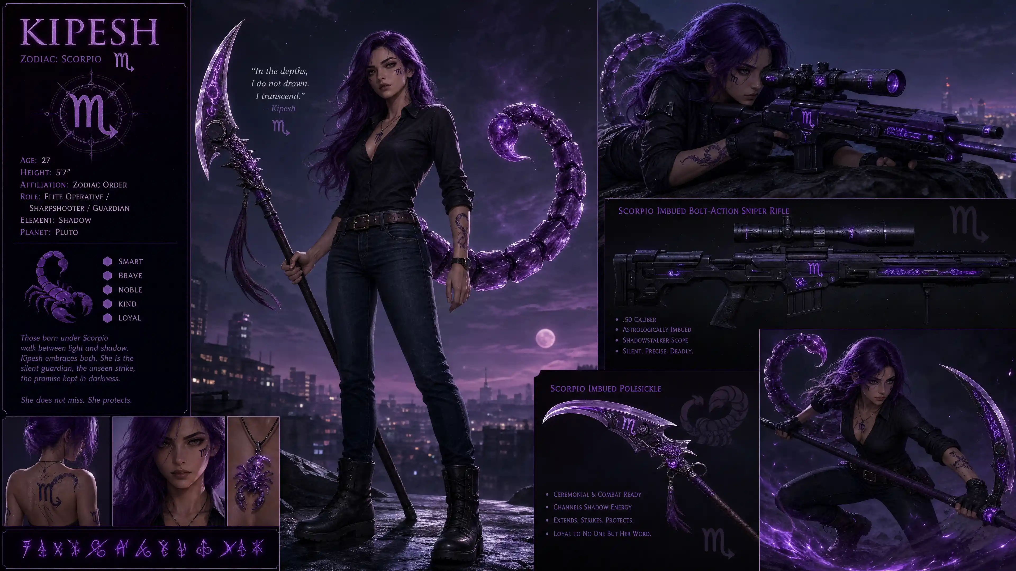 Fantasy woman with amethyst scorpion tail and zodiac markings