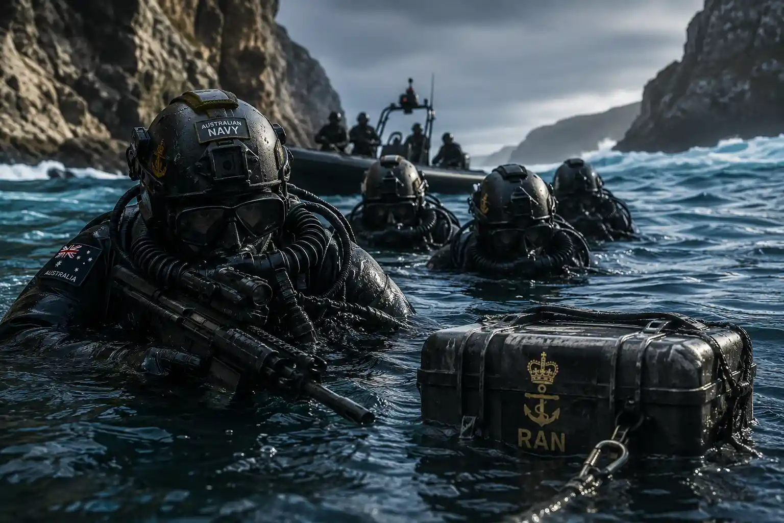 Military divers training in rough Tasman Sea waters