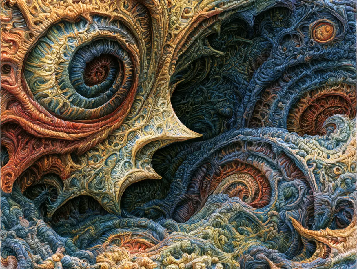 Colossal Humanoid Forms Rising From A Luminous Primordial Mire