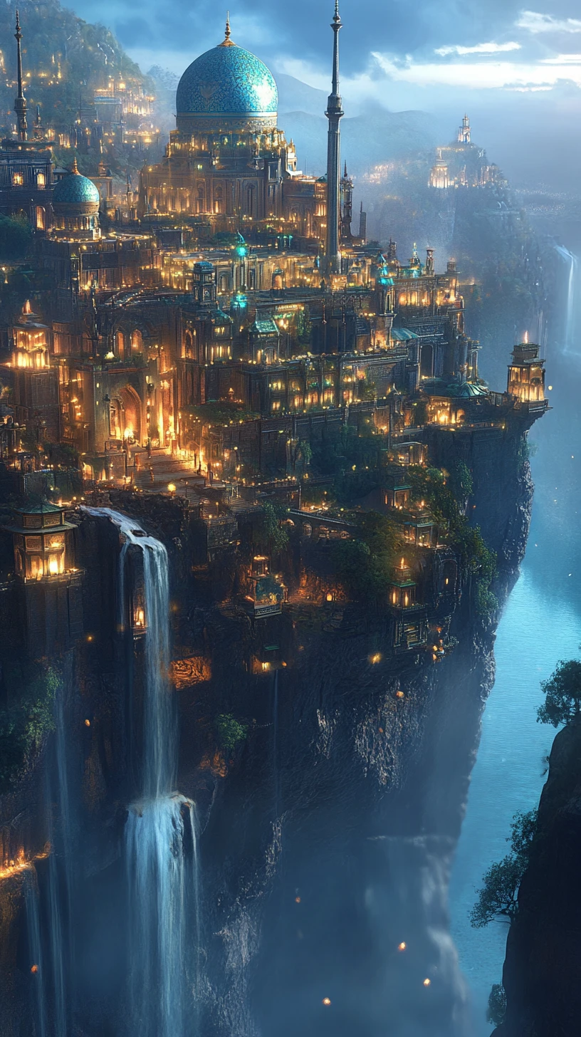 Epic aerial view of an ancient cliffside city at twilight