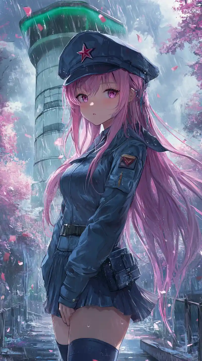 Anime girl on futuristic city street with glowing tower