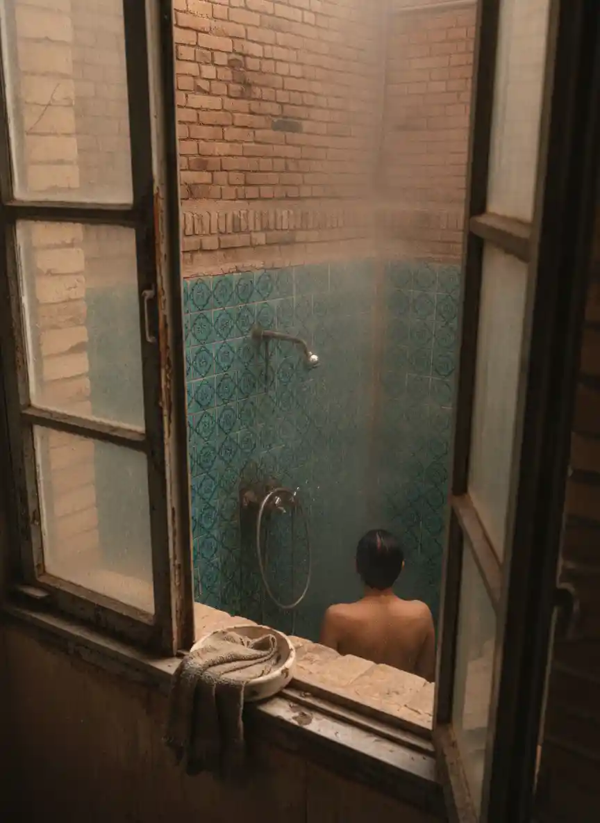 Man showering in steamy persian bathhouse seen through window