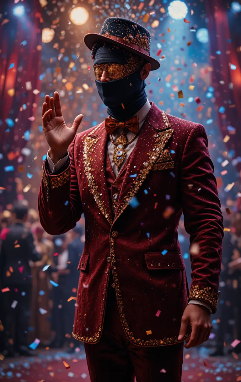 Man in red velvet suit under confetti and stage lights