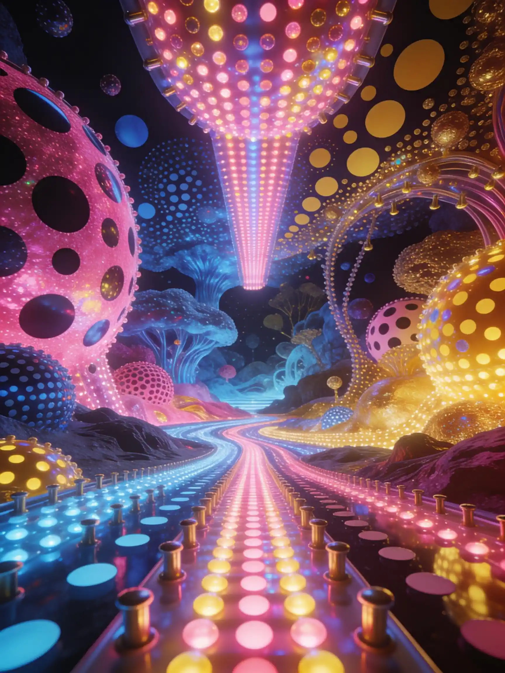 Symmetrical lite brite landscape with glowing neon dots