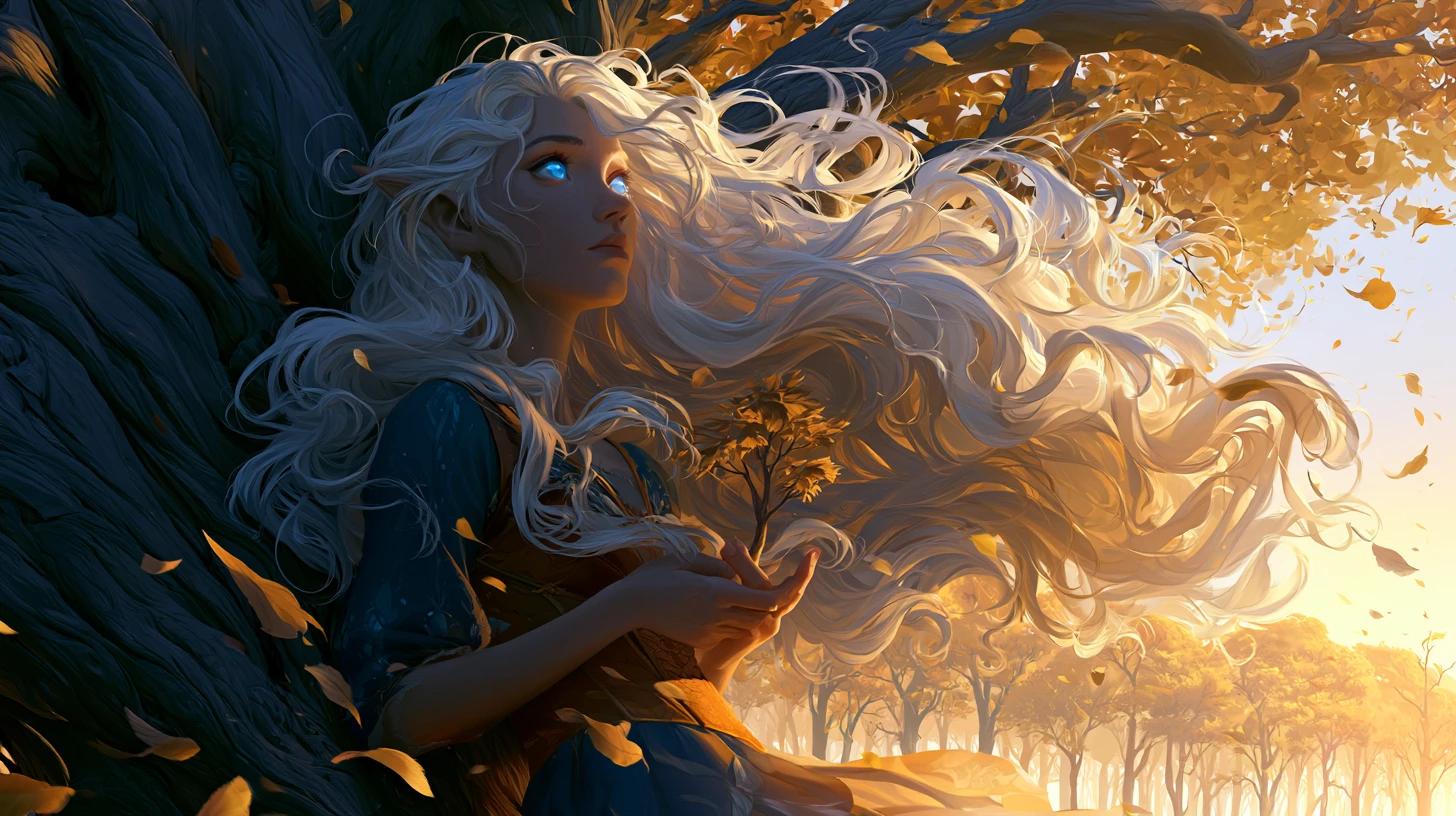 Elven girl beneath an ancient silver tree at sunset