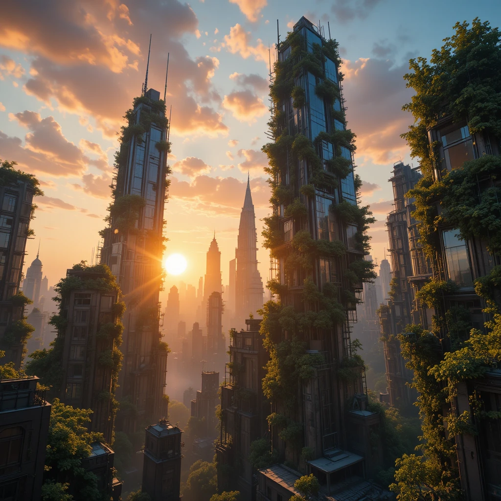 Futuristic city skyline at dusk with overgrown ruins