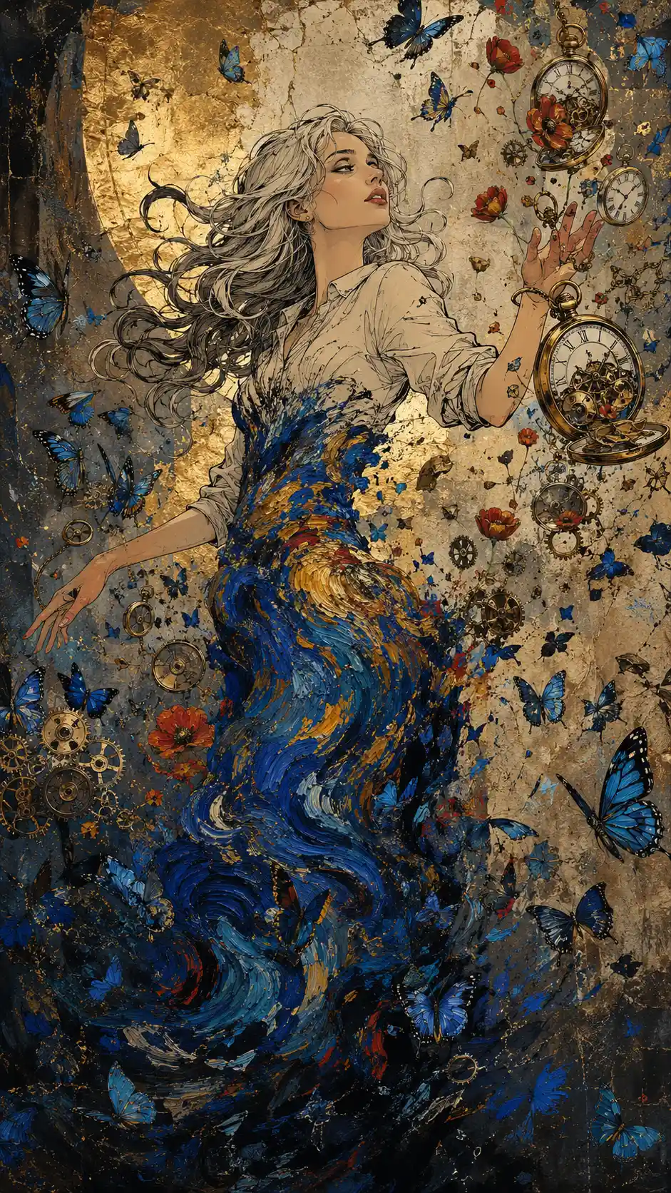 Surreal woman suspended between lucid line art and swirling paint