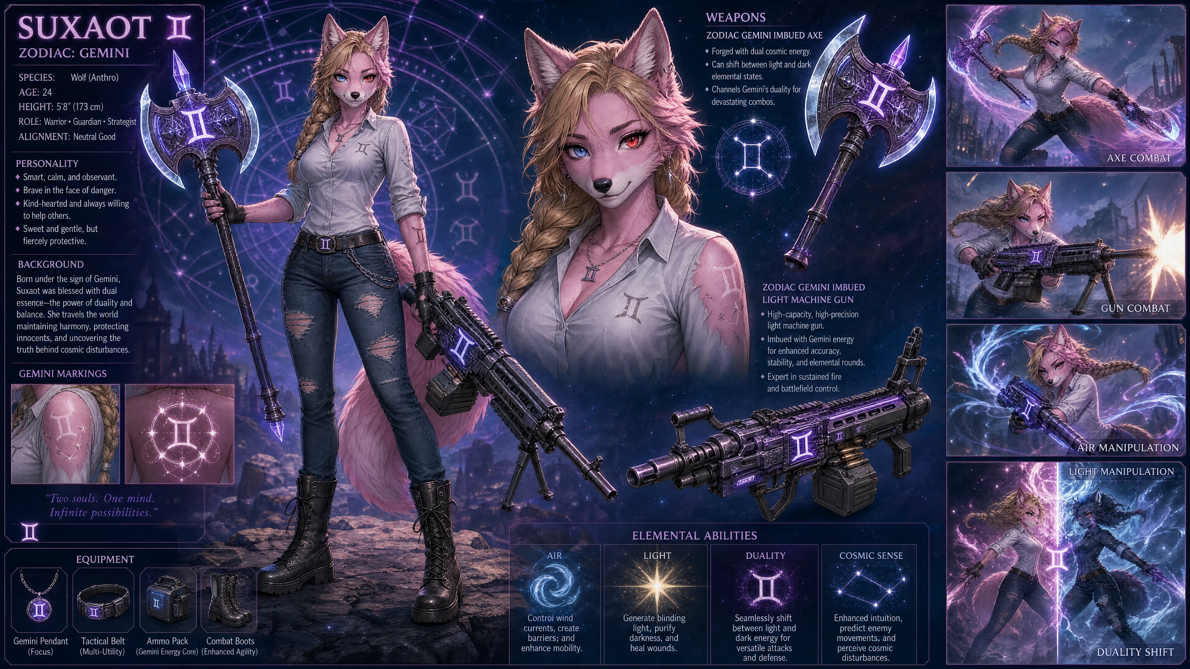 Anthro pink wolf warrior girl with gemini markings
