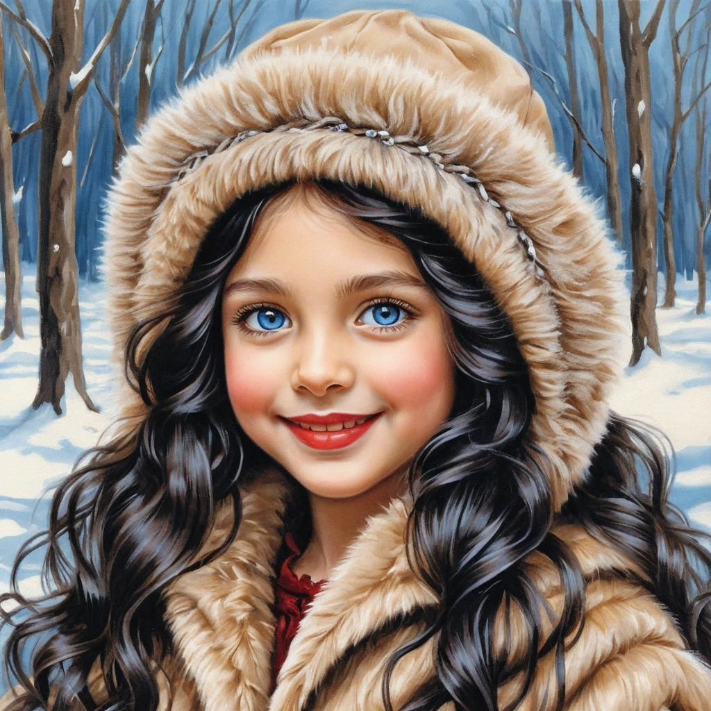 Retrato de niña invernal sonriente con largas trenzas de cabello oscuro