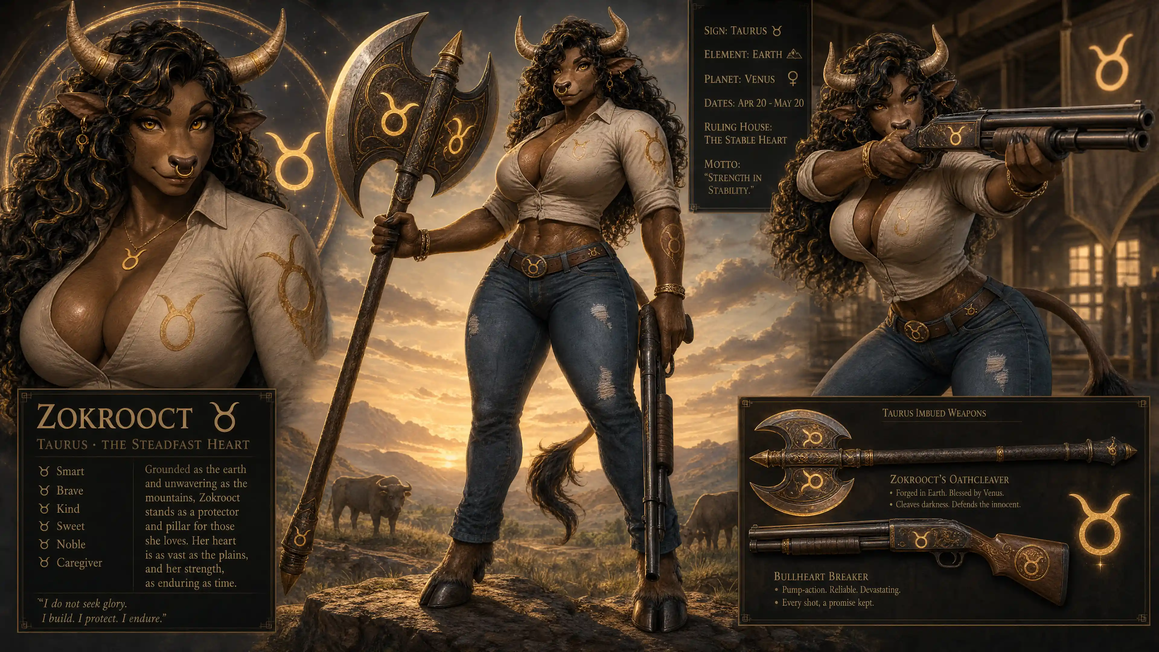 Strong taurus warrior woman with curly hair and axe