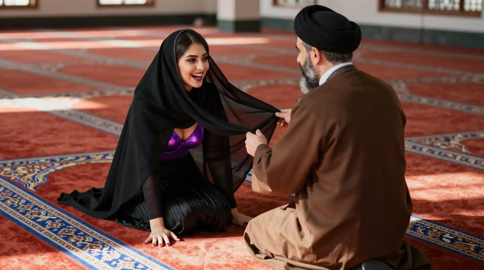 Iranian woman and cleric on prayer rugs in mosque interior