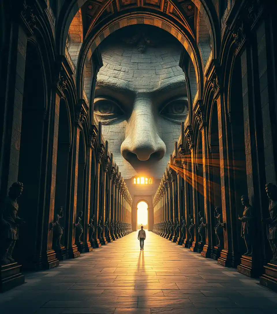Surreal Cathedral Corridor Forming A Colossal Stone Face