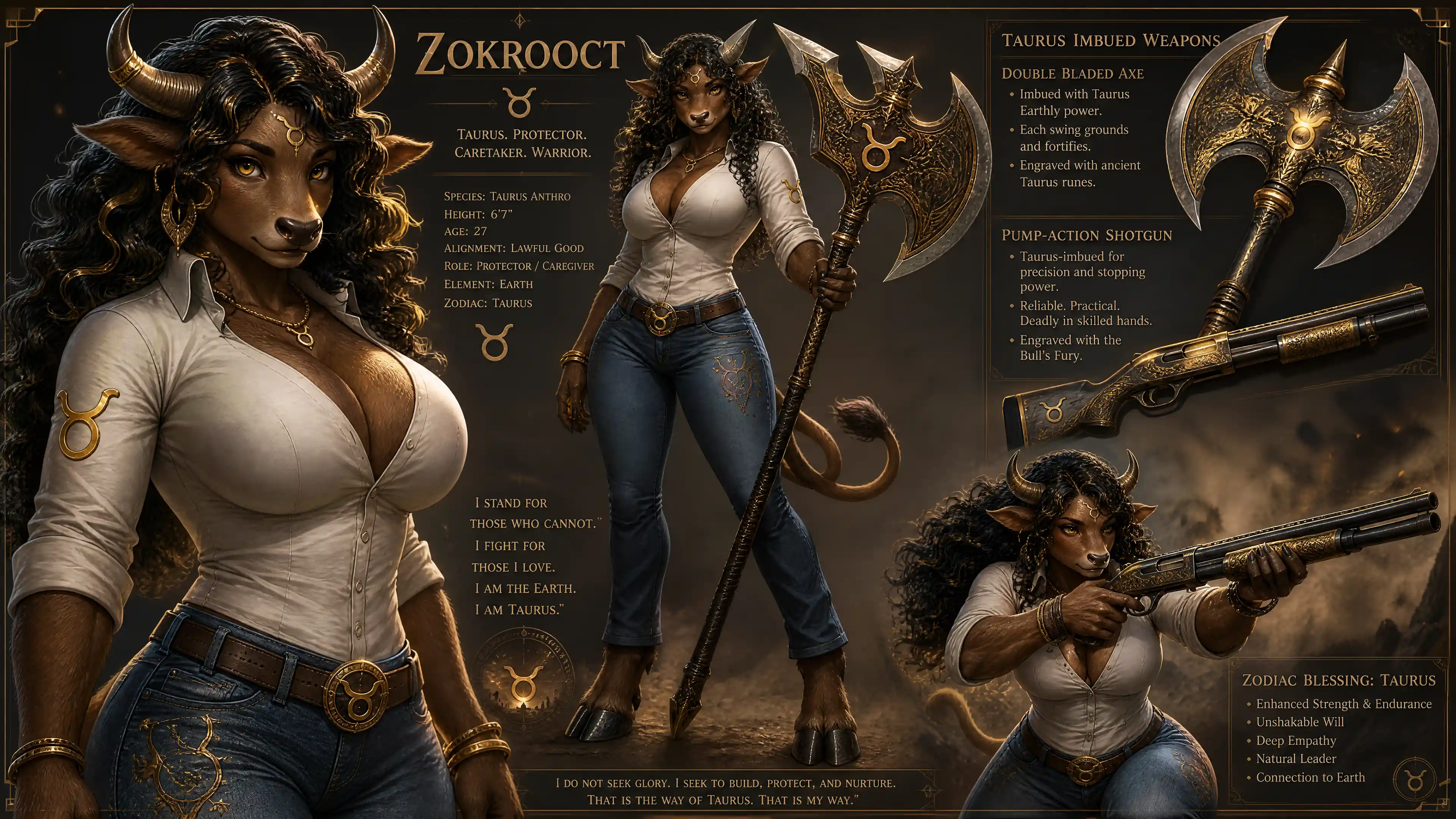 Noble female taurus warrior with axe and shotgun