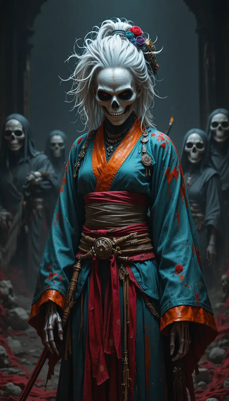 Undead samurai woman in teal kimono with skull mask