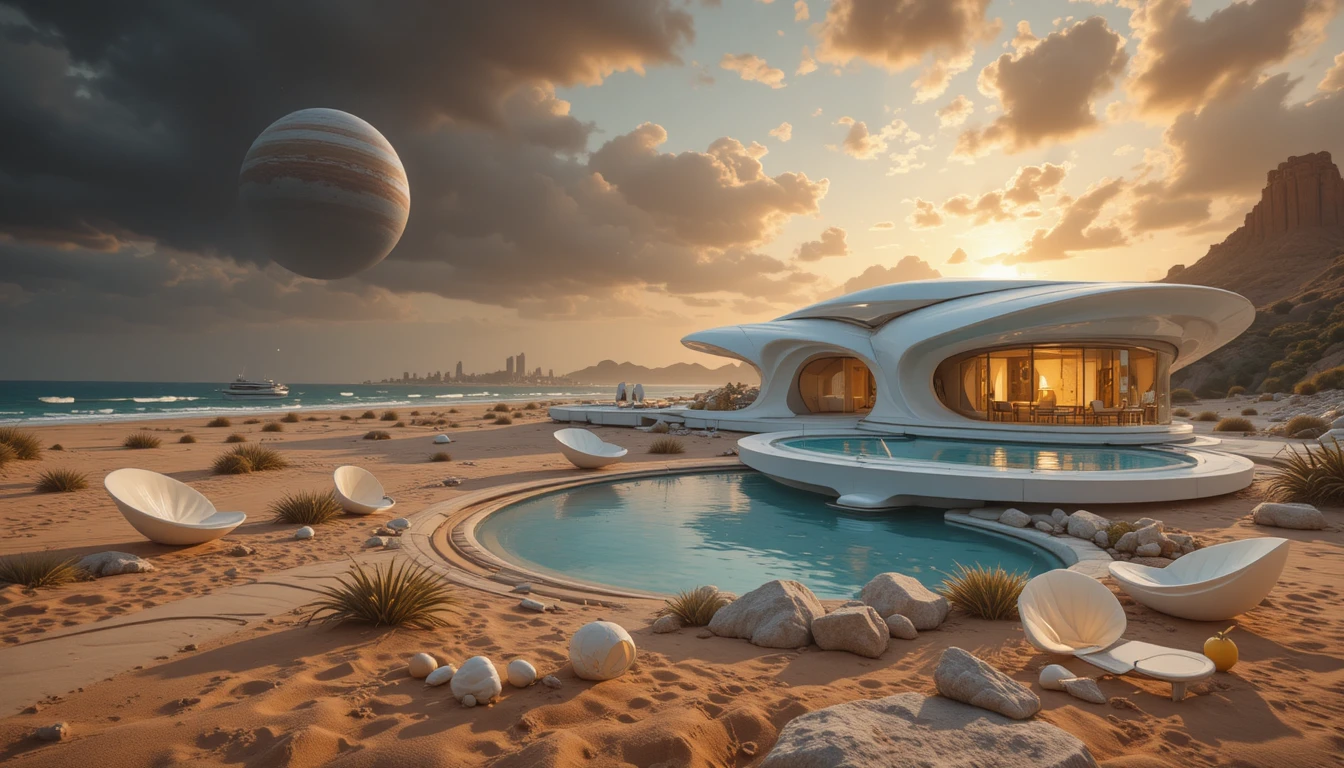 Futuristic cozy villa on an alien desert shoreline