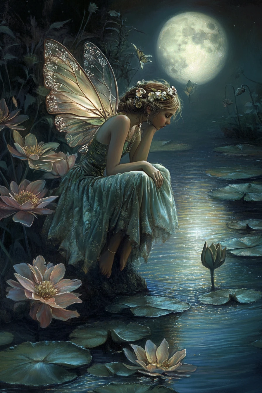 Fairy Resting On Flower Petal Under The Full Moon