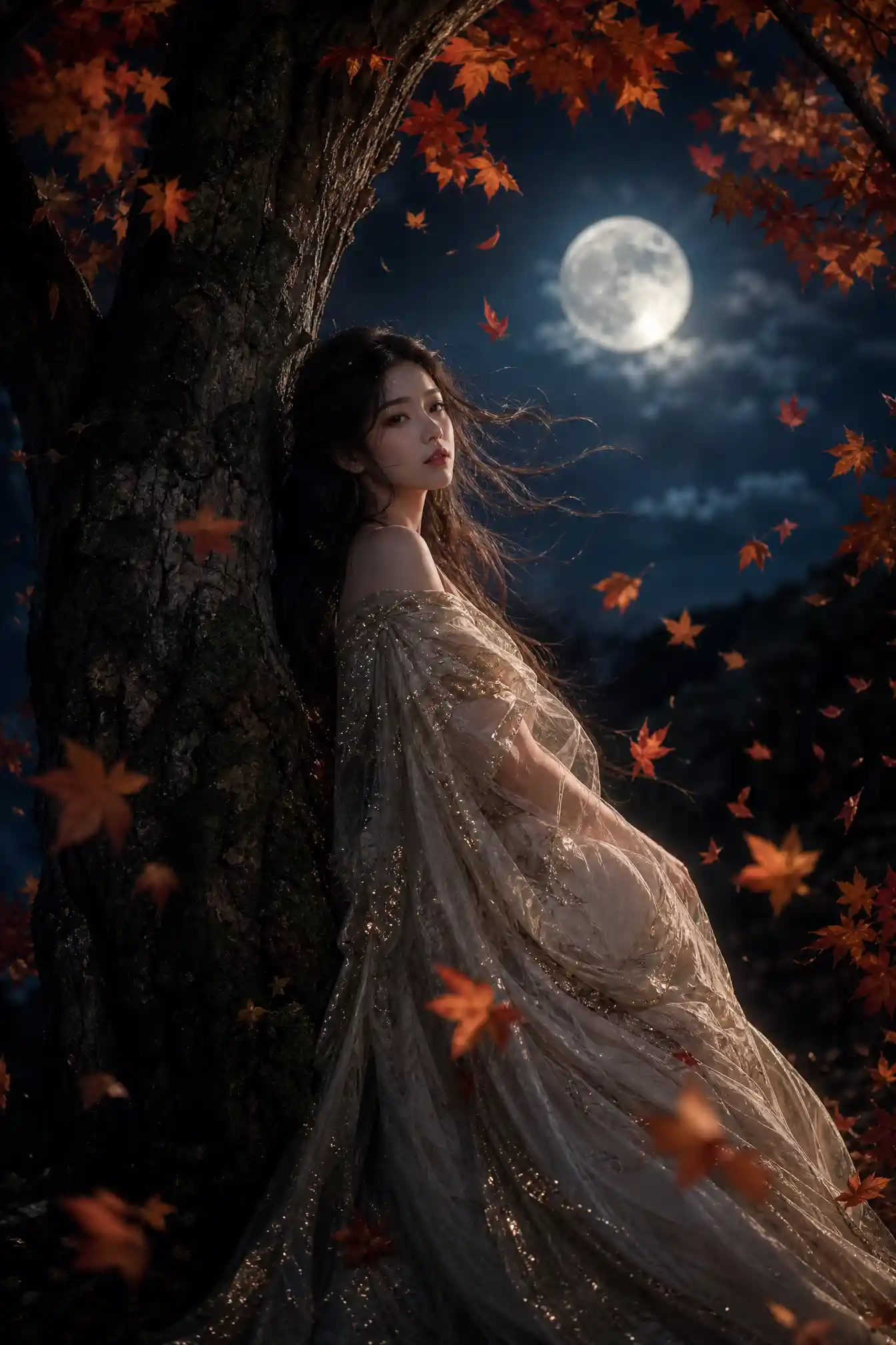Young woman in moonlit forest with swirling autumn leaves