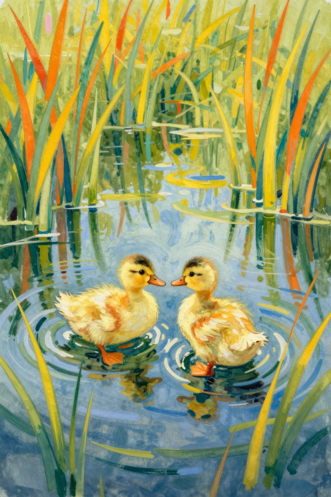 Colorful ducklings playing on a vibrant sunlit lake